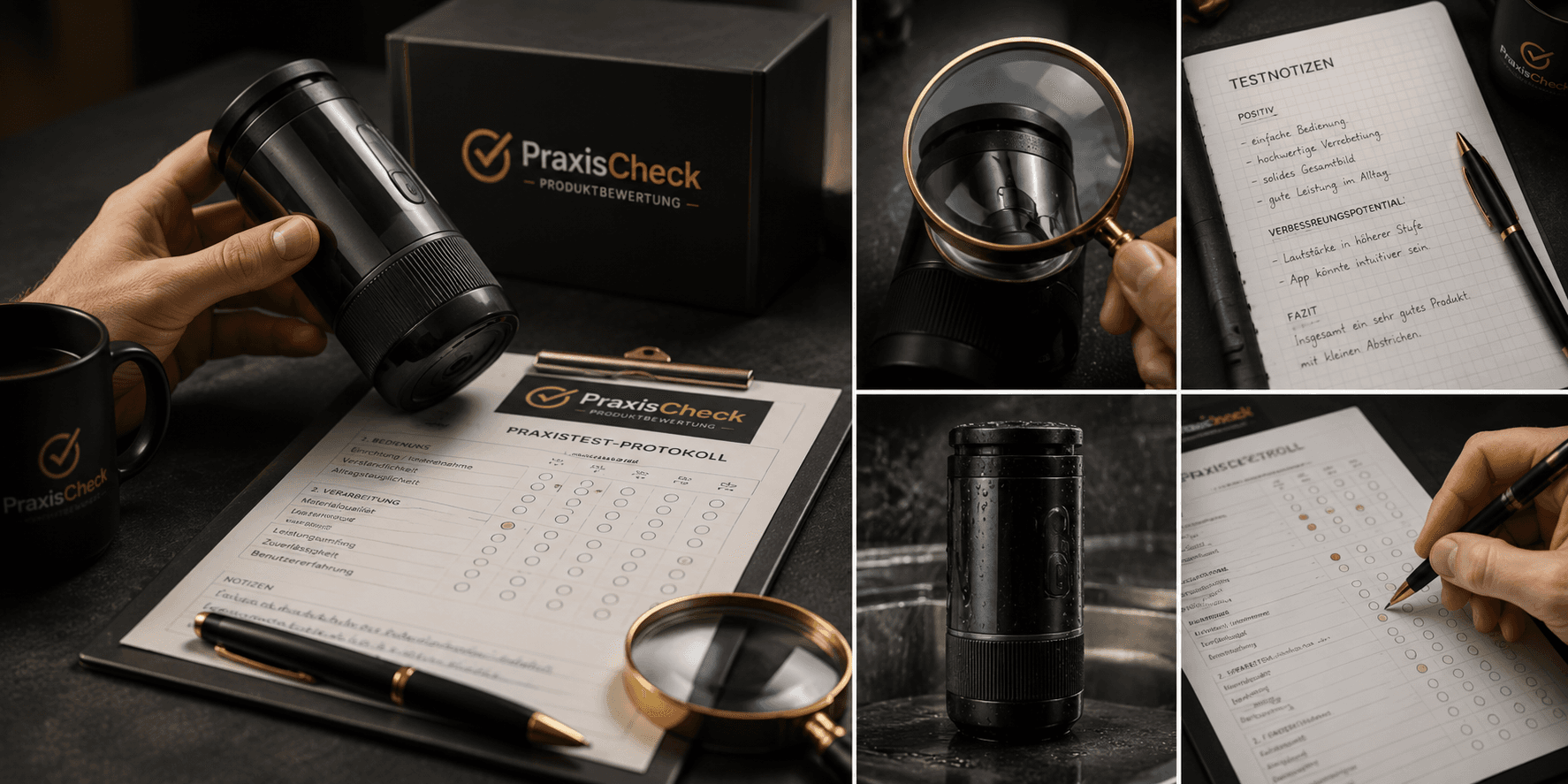 Einblicke in den PraxisCheck-Testablauf: Produktprüfung, Lupe, Testnotizen und Prüfprotokoll